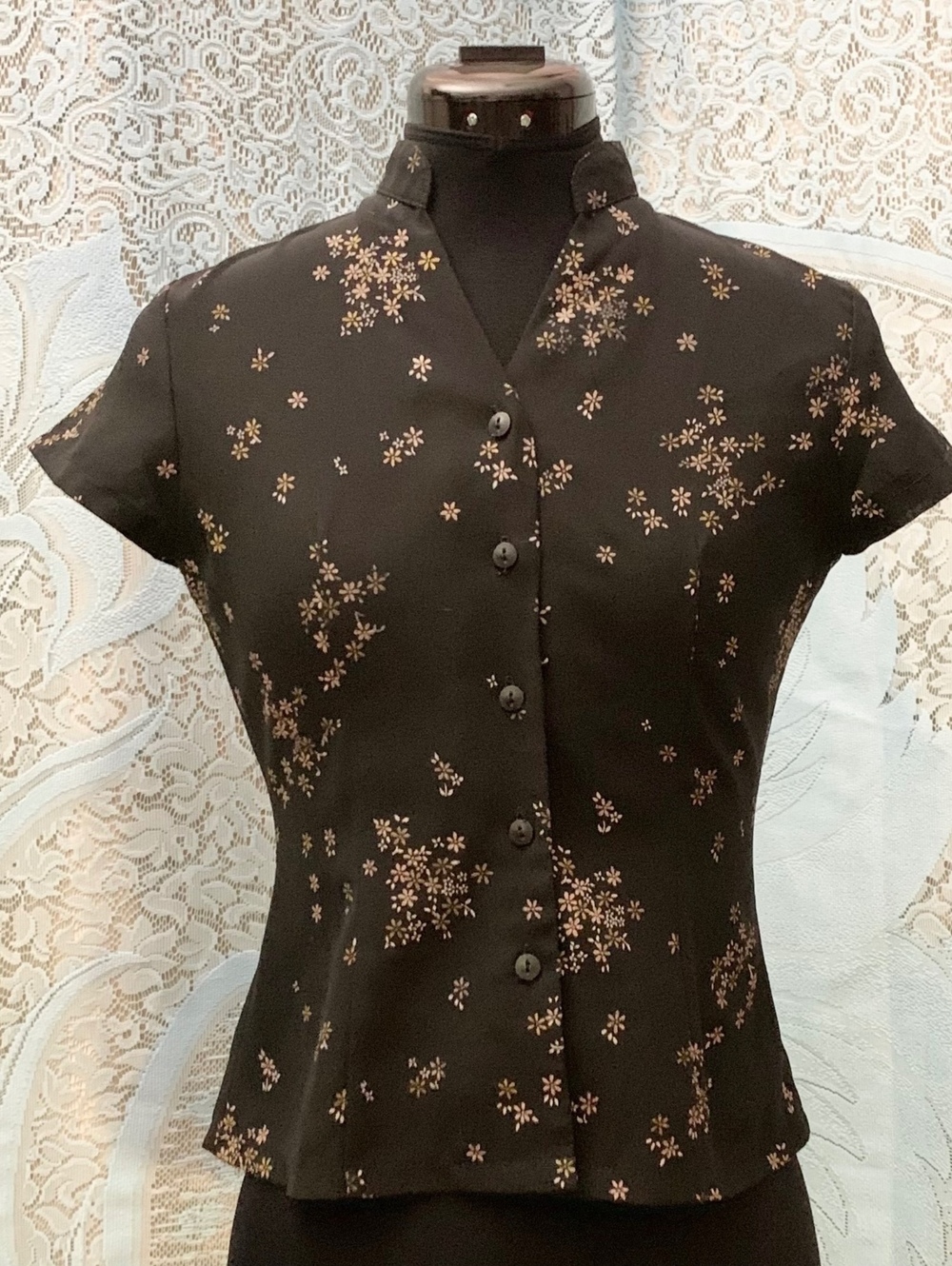 Button Up Blouse Marybelle Vintage Mandarin Collar Sheer Cap Sleeve Tailored